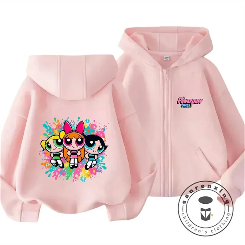 الكرتون Powerpuff الفتيات صبي فتاة قلنسوة بسحاب دعوى ربيع الخريف الاطفال مقنعين ملابس رياضية Setspants الأولاد الملابس 2-14 سنة