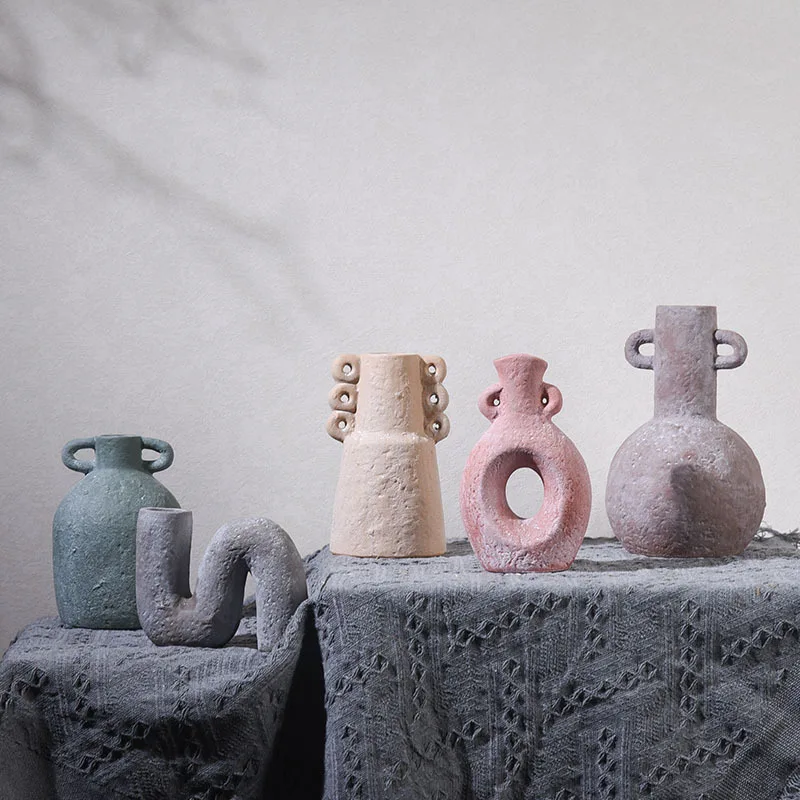 Retro Ceramic Vase Hand Made Grain Crude Pottery Flower Vase Floral Arrangement Accessories Ceramic Handicraft Home Decoration