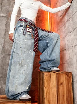 سروال Scimitar للسيدات والفتيات للخريف سروال قصير كبير الحجم في الهواء الطلق واسع الأرجل مرقع منقوشة الجرونج كلية فنية عتيقة #5