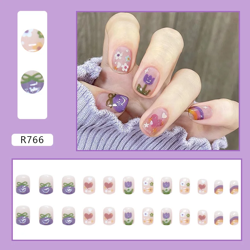

24PCS Whimsical Tulip Press-On Nails – Medium Square Shape With Purple Hearts, Rainbow Flowers & Bow Motifs