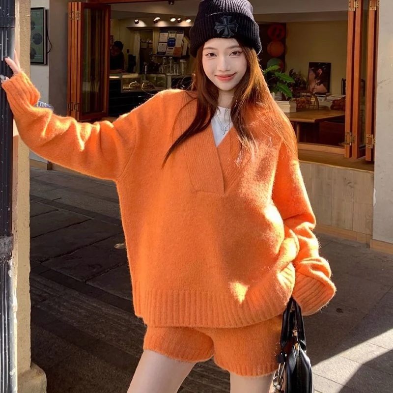 

Korean Relaxed Fit Sweater Set Shorts Two Piece Outfit Oversized Loungewear Fall Winter Co-ord