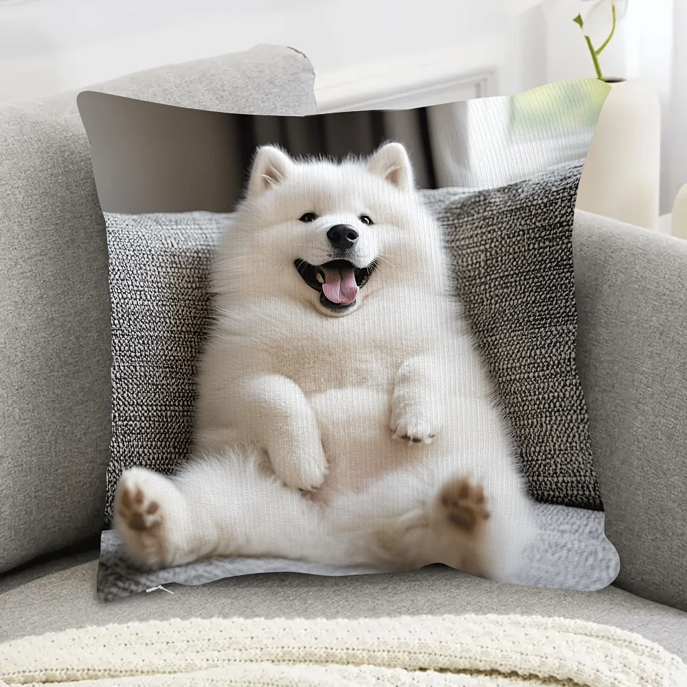 1pc Cute Samoyed Dog Double‑Sided Print Pillow Cover, Cushion Case for Sofa Bedroom, Insert Not Included, Home Decor