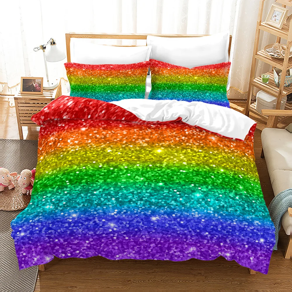 

Gradient Duvet Cover Set Microfiber Rainbow Striped Glitter Sequins Quilt Cover Double Queen King Size 2/3pcs Comforter Cover