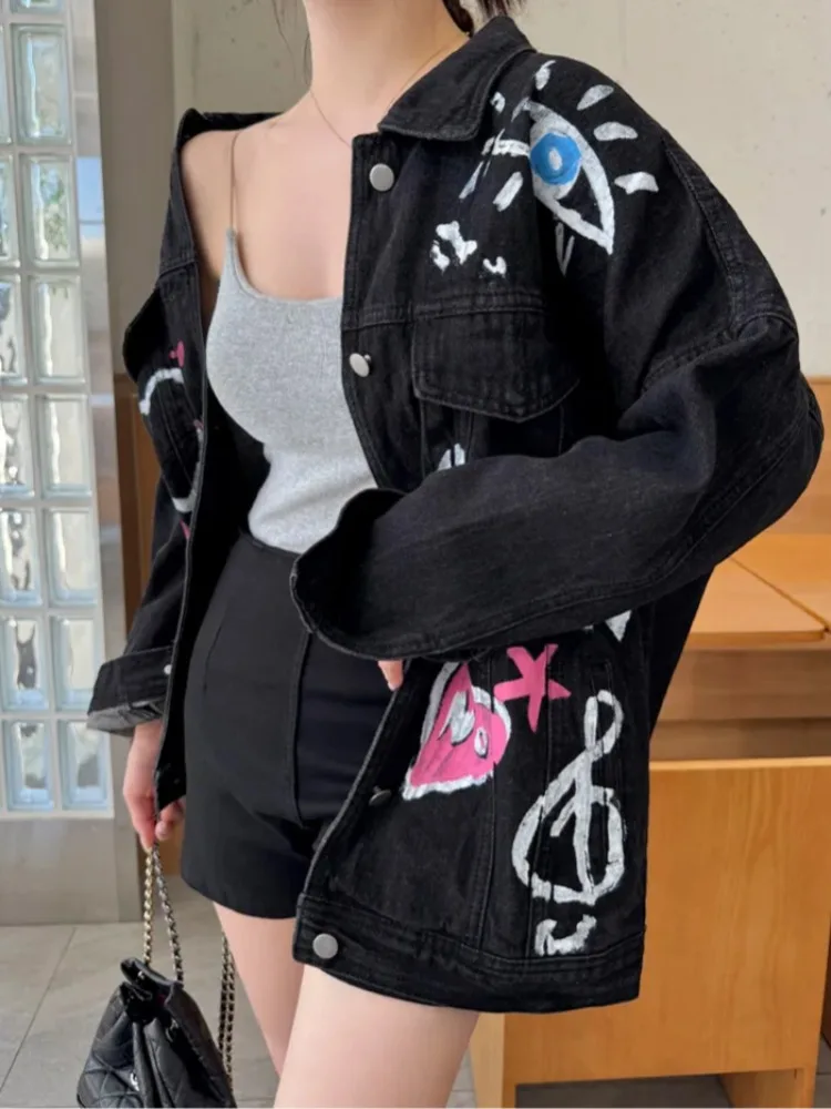 

Весенне-осенний джинсовый джинсовый джинсовый джинт с рисунком fiti Ding, женский модный топ с небольшим дизайном, свободная длина для поездок на работу