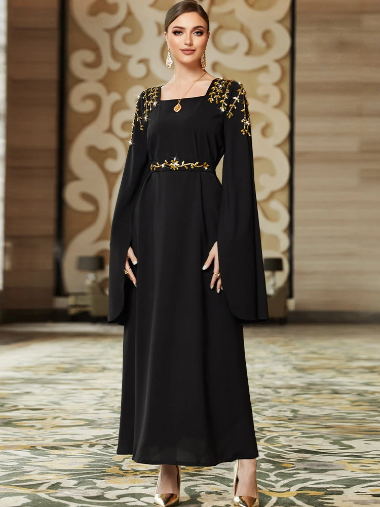 Eid Arab Muslim Party Dress Women Maxi Long Sleeve Diamond Jalabiya Long Dresses Morocco Kaftan Vestidos Dubai Ramadan Gown Robe