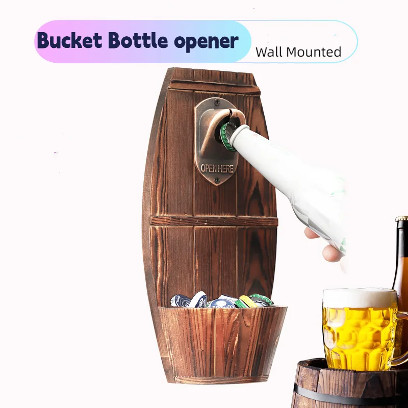 Creative Bucket Wall Mounted Beer Bottle Opener Vintage Bronze Refrigerator Bar Beer Bottle Hanging Openers Cap Home Decor Gift