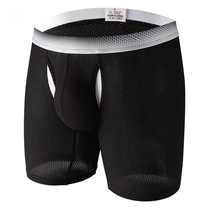 

Long-Length Boxer Briefs for Men Honeycomb Ice Silk Mesh Anti-Friction Extended Leg Breathable Athletic Underwear Sports Trunks