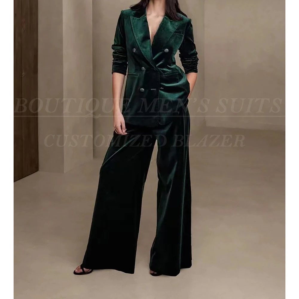 Velvet Women's Suits Elegant Double Breasted Peak Lapel Blazer Formal Office Lady Slim Fit 2 Piece Jacket Pants Costume 2025