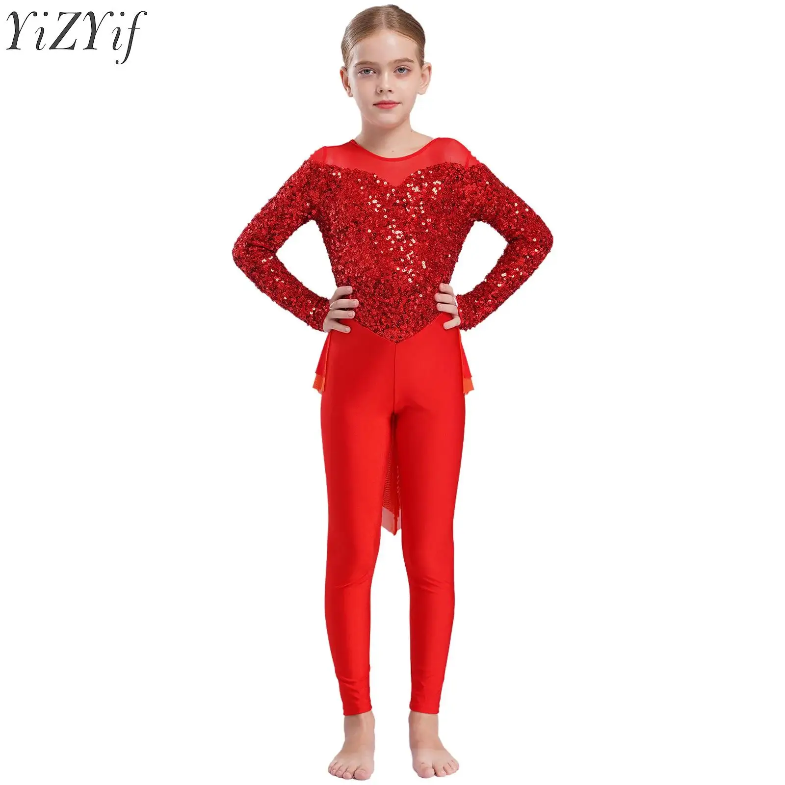 

Kids Girls Sequins Balle Dance Jumpsuit Long Sleeve Leotard Ankle Length Skirted Bodysuit for Gymnastics Performance Competition