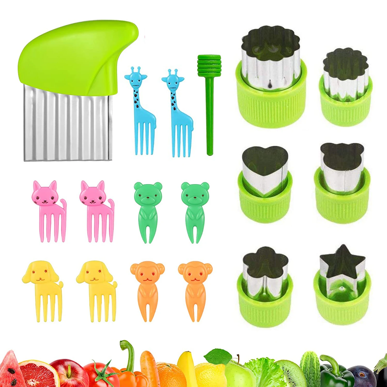 

Stainless Steel Vegetable Cutter Shapes Set for Kids Children DIY Mini Food Fruit Cutters Mold Cookie Stamps Mold with Forks