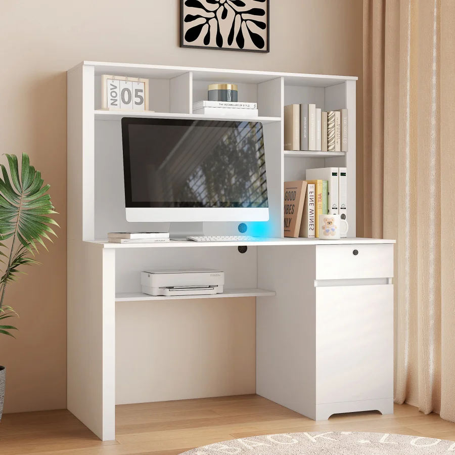 Wood Executive Desk Teens Student Writing Laptop Home Office Table with Hutch Bookshelf Drawers White