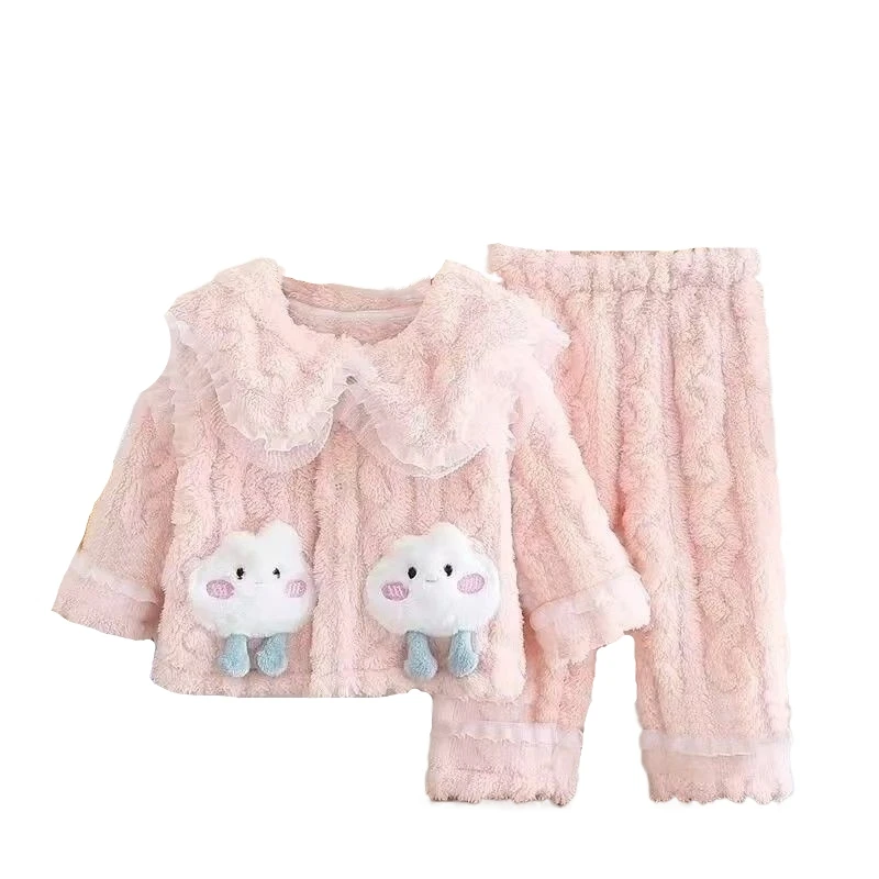 

New Winter Baby Girls Clothes Suit Children Long Sleeved Pajama Coat and Pants Kids Sleepwear Toddler Casual Thick Warm Costume
