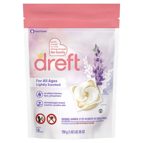 Dreft Laundry Detergent XL Pacs, Lightly Scented, Lavender, HE Compatible, 18 Count