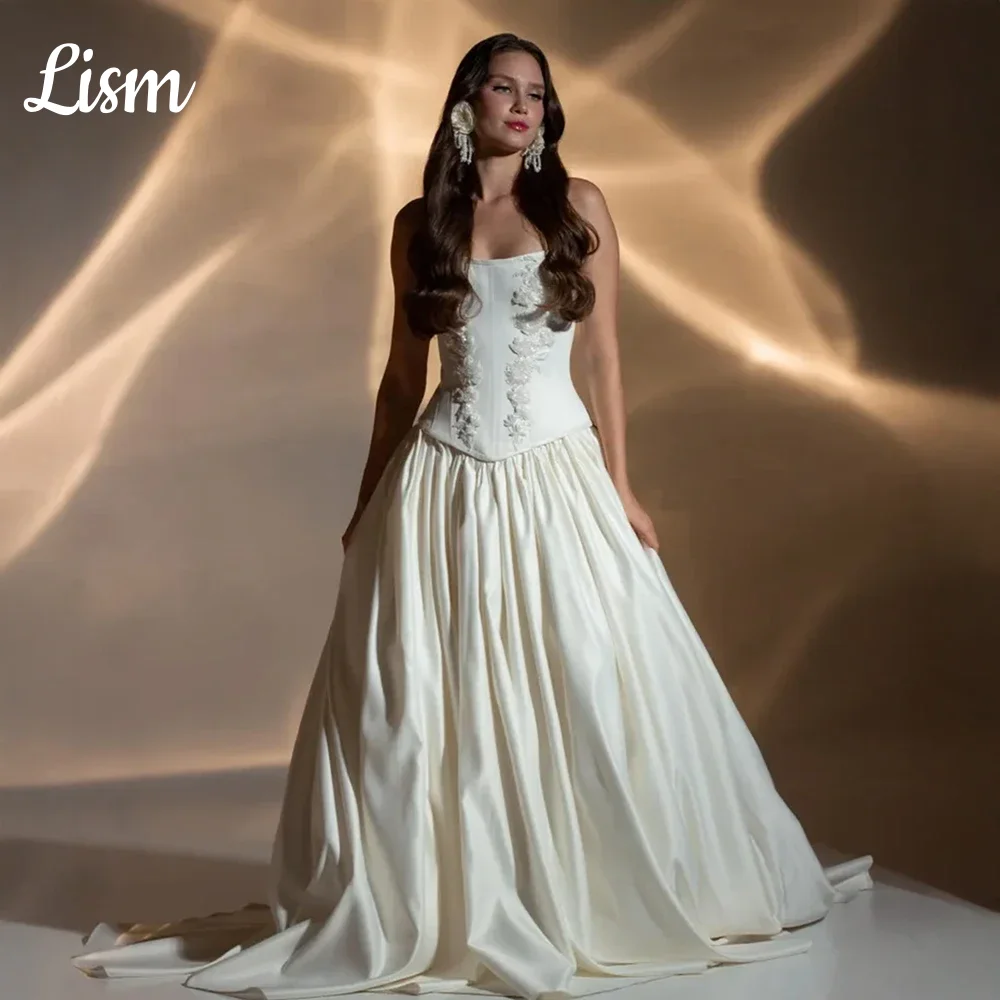 Lism Customized Satin Wedding Dress For Lace Detail Bodice Bridal Dress With Flowing Ballgown Skirt Bridal Gown For Bridal Event