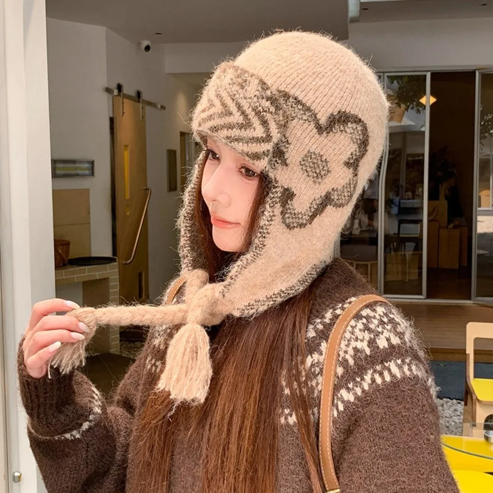 Face Slimming Ear Flap Hat 56cm to 58cm Ear Protection Thick Warm Trapper Hat Fair Isle Pattern Acrylic Wool Blend Hat