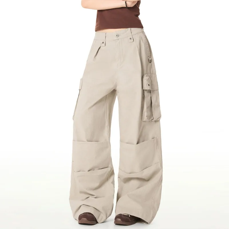 

OR FL American Retro Multiple Pockets 100 Cotton Women Cargo Trousers A Sense of Sophistication Letter Print Staraight Slacks