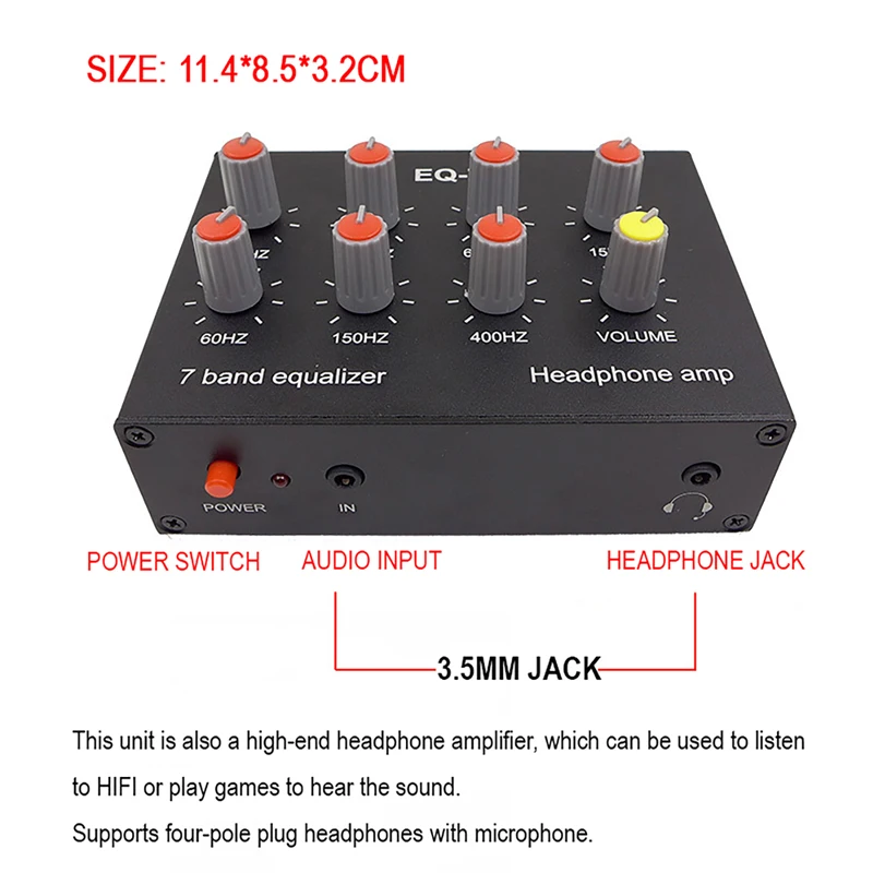 Equalizador de som de 7 bandas RCA Entrada de saída 12dB Ajuste de graves altos Equalizador digital de canal duplo