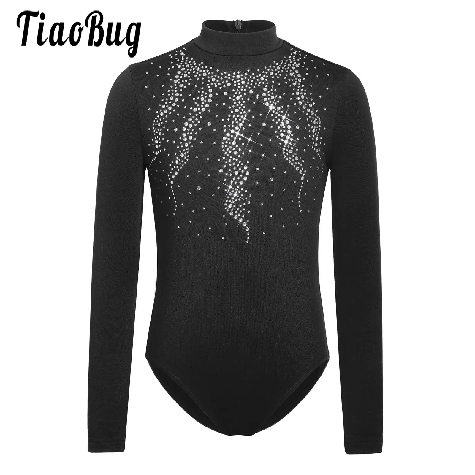 

Kids Girls Dance Thin Fleece Lined Leotards Long Sleeve Zipper Shiny Rhinestones Bodysuit for Gymnastics Figure Skating Ballet