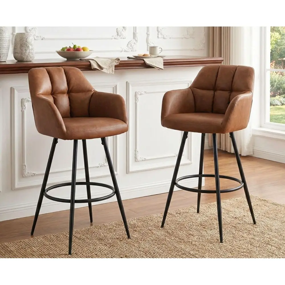 

Leather Bar Stools Set of 2, 30 Inch Bar Height Stools with Backs Bar Chair for Kitchen Island Modern Barstools with Black Meta