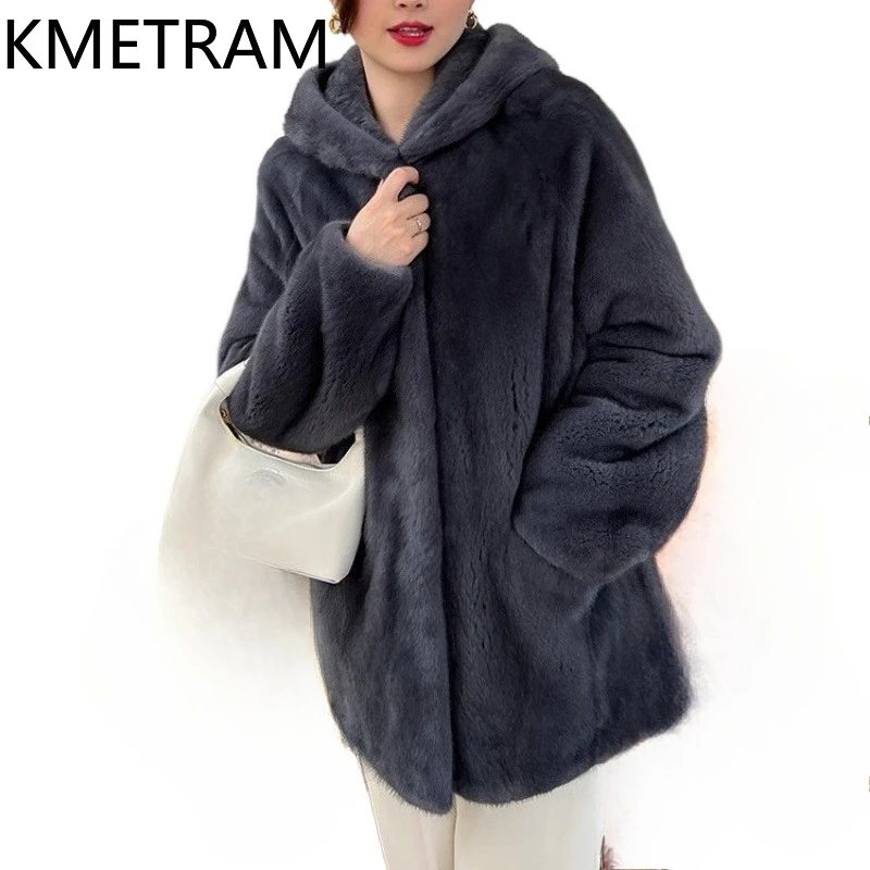 سترة KMETRAM من فرو المنك المخملي ذو العلامة الأرجوانية الطبيعية للنساء معطف فرو حقيقي متوسط الطول مع غطاء محرك السيارة ملابس شتوية 2025 شوروبا
