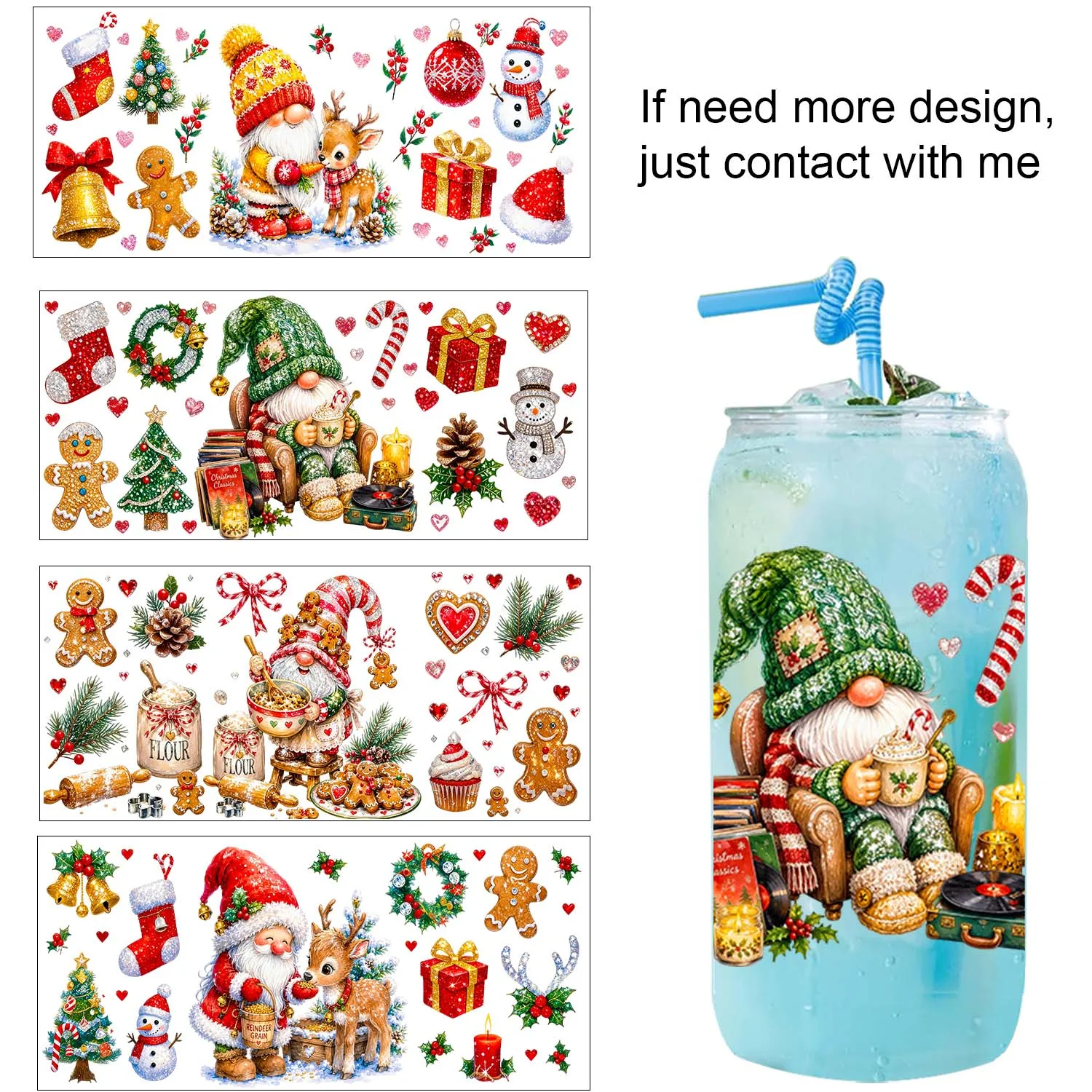 Christmas Season Gnome Rub On 16oz Uvdtf Sticker waterproof DIY Decals 3D transfers uvdtf tumbler stickers 16oz uv dtf cup wraps