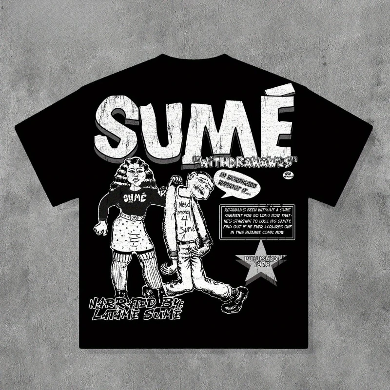 

American Hip Hop Y2K Geometric and Cartoon Pattern Print Men's T-shirt Summer New Men's and Women's Streetwear