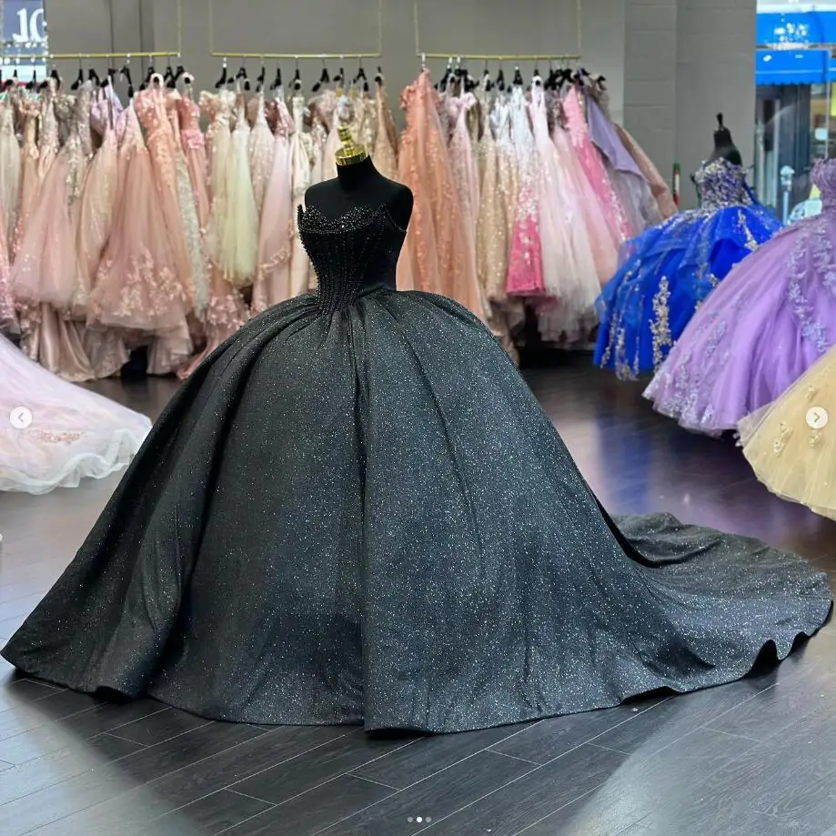 Vestido de quinceañera victoriano gótico negro con perlas brillantes bestido de gala dulce 16 bata quinceañera mujer graduación con cordones personalizado