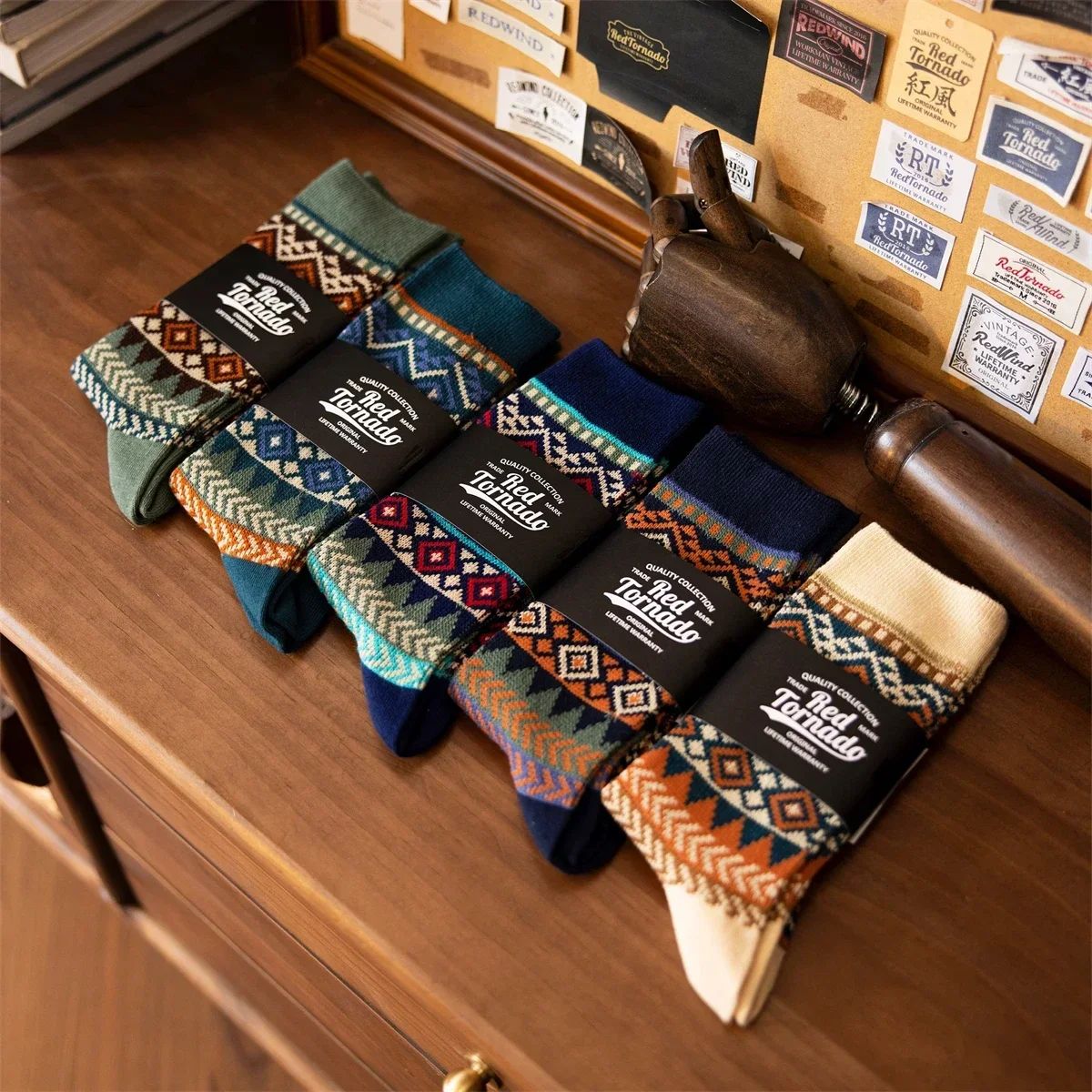 

5 Pairs Red Tornado 100% Cotton Vintage Style Fair Isle Pattern Crew Socks Mid Calf For Boots Amekaji