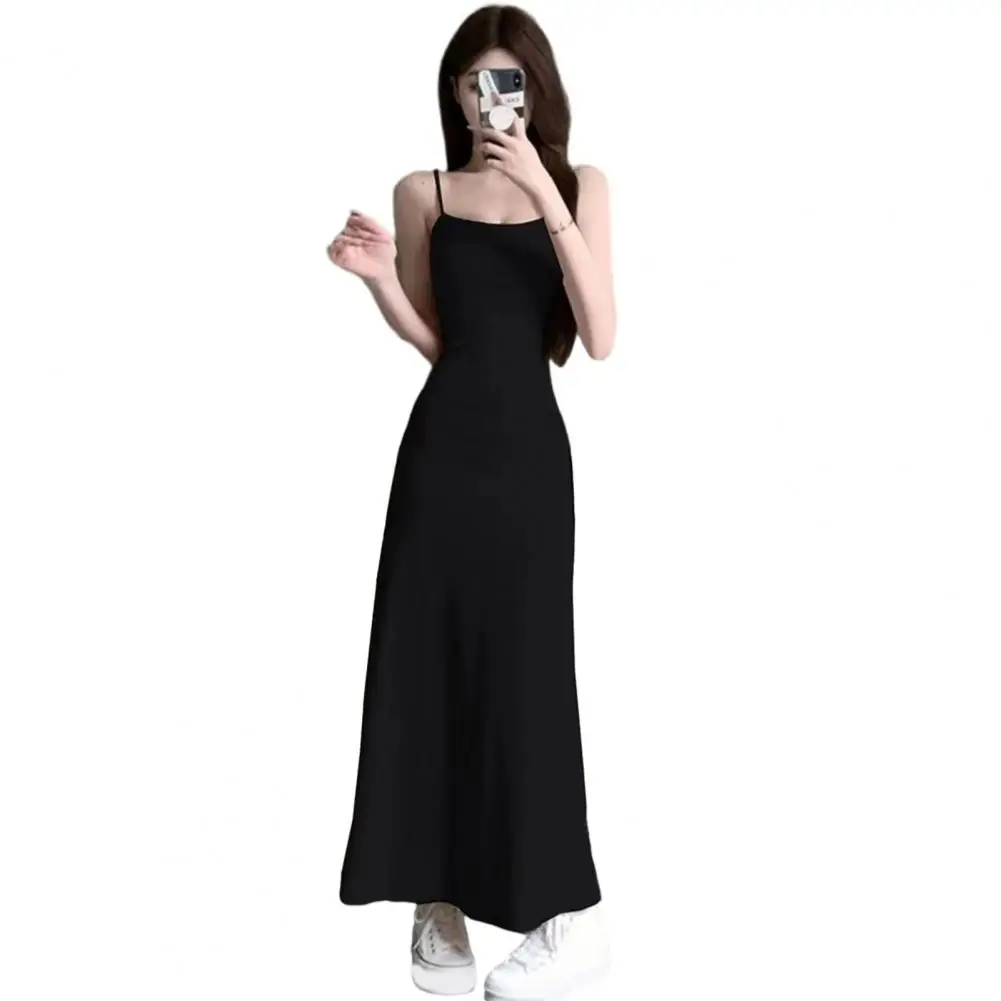 Korean style Strappy Dress Spaghetti Strap Sleeveless Tight Waist Slim Fit Backless Low-cut Ankle Length Women Vest Dress