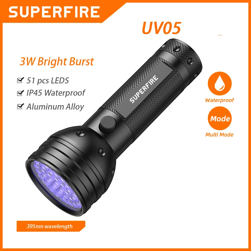 SUPERFIRE UV05 3W High Power UV Flashlight 395nm Portable LED Ultraviolet Torch Ultra Violet Lights for Pet Urine Stain Detector