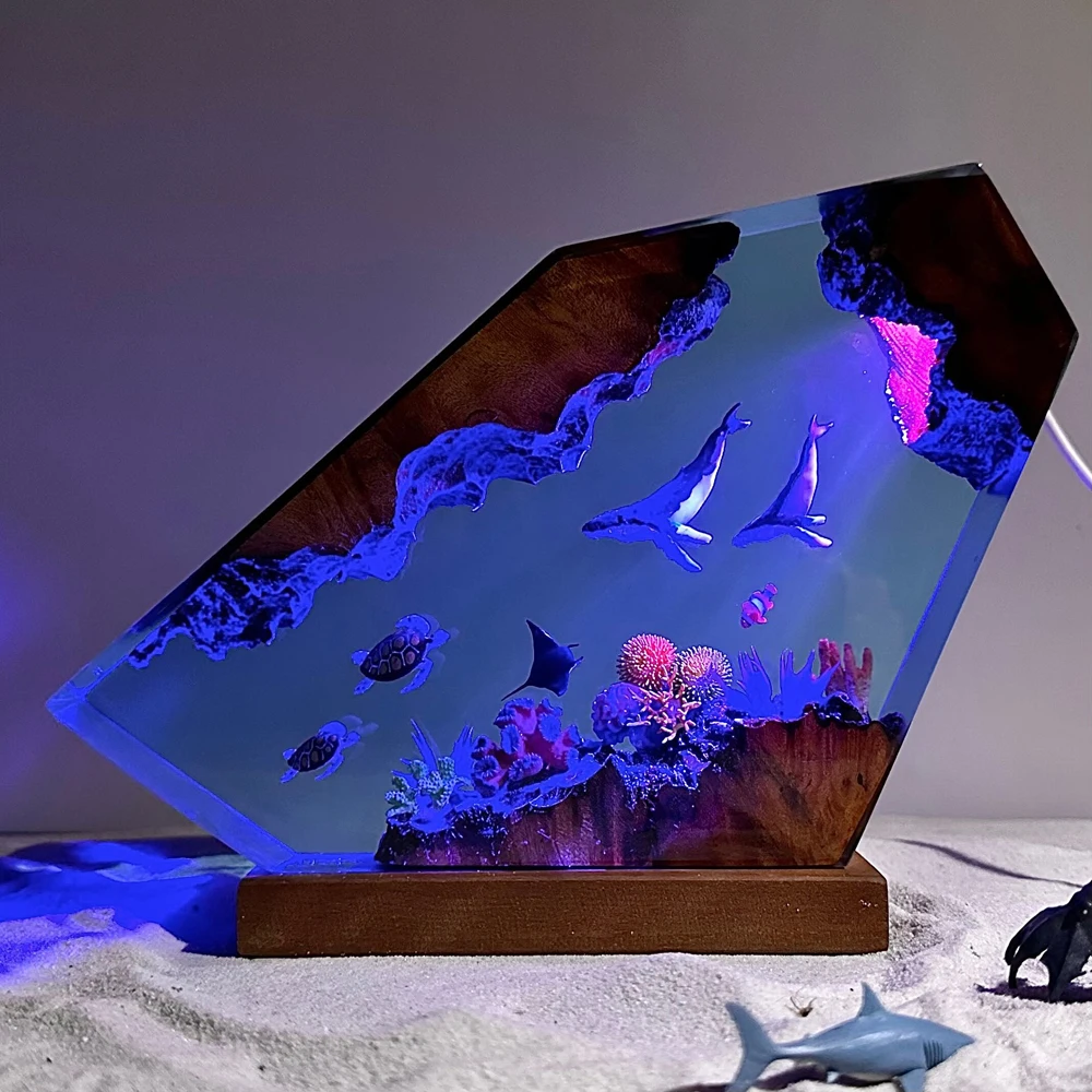 Sea World Organism เรซิ่นตาราง Creative Art โคมไฟตกแต่ง Double Whale Sea Turtle Theme Night Light ชาร์จ USB