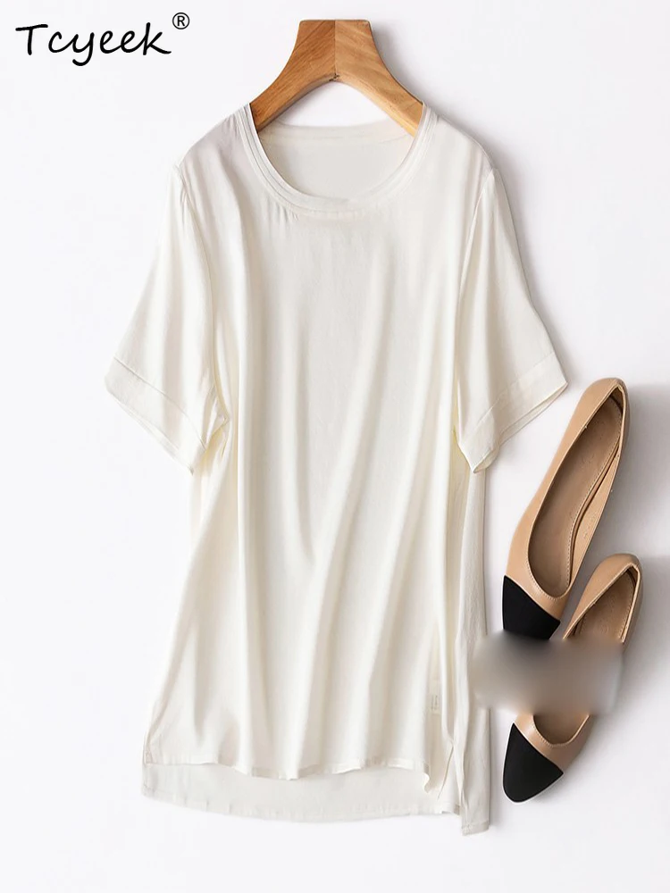 

Tcyeek 91%Mulberry Silk Women's T-shirt Summer Simple Casual Solid Color Top O-neck Short Sleeve T-shirt T37701QD