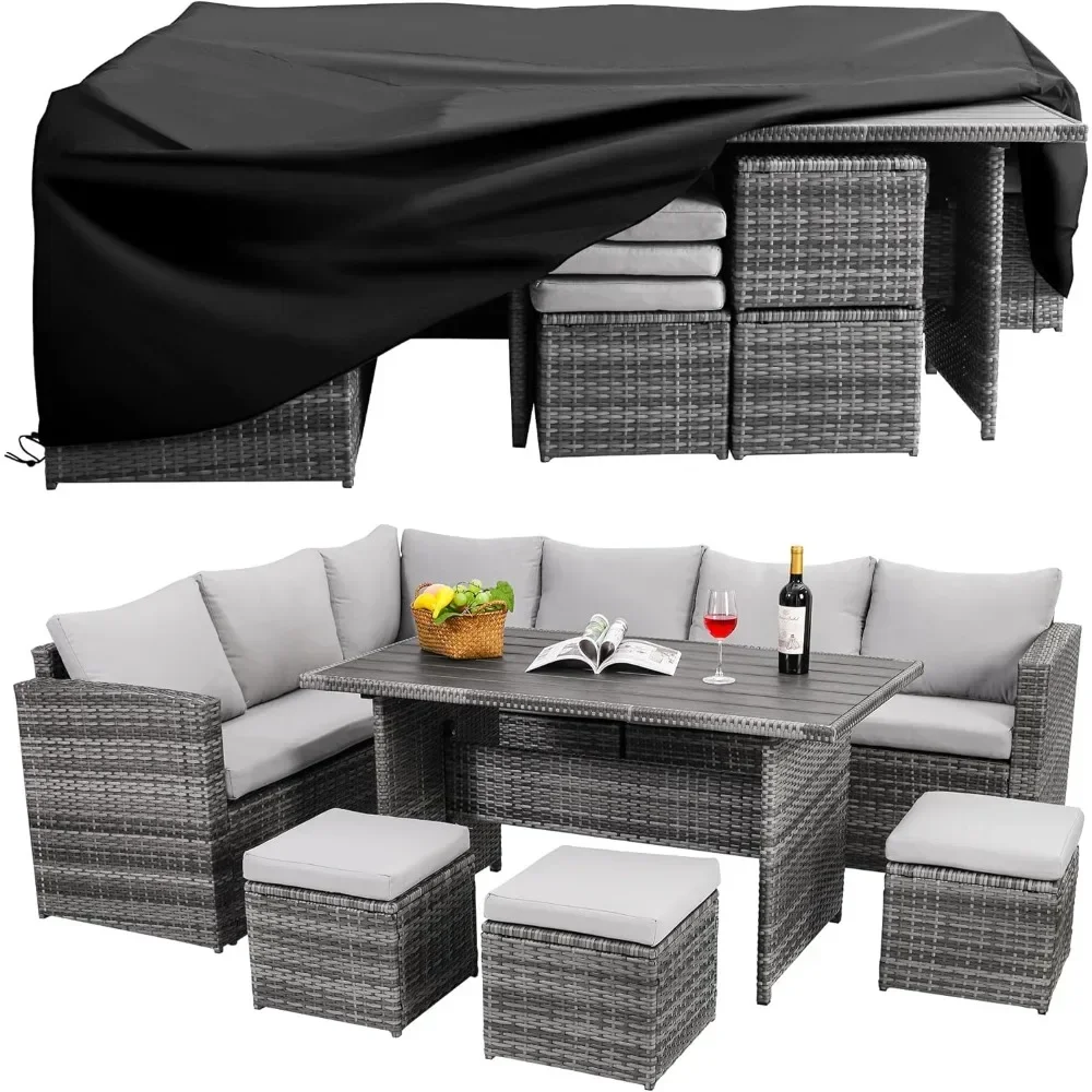 

7 Pieces Outdoor Patio Furniture with Dining Table&Chair, Conversation Set with Ottoman(Include Sofa Dust Cover)