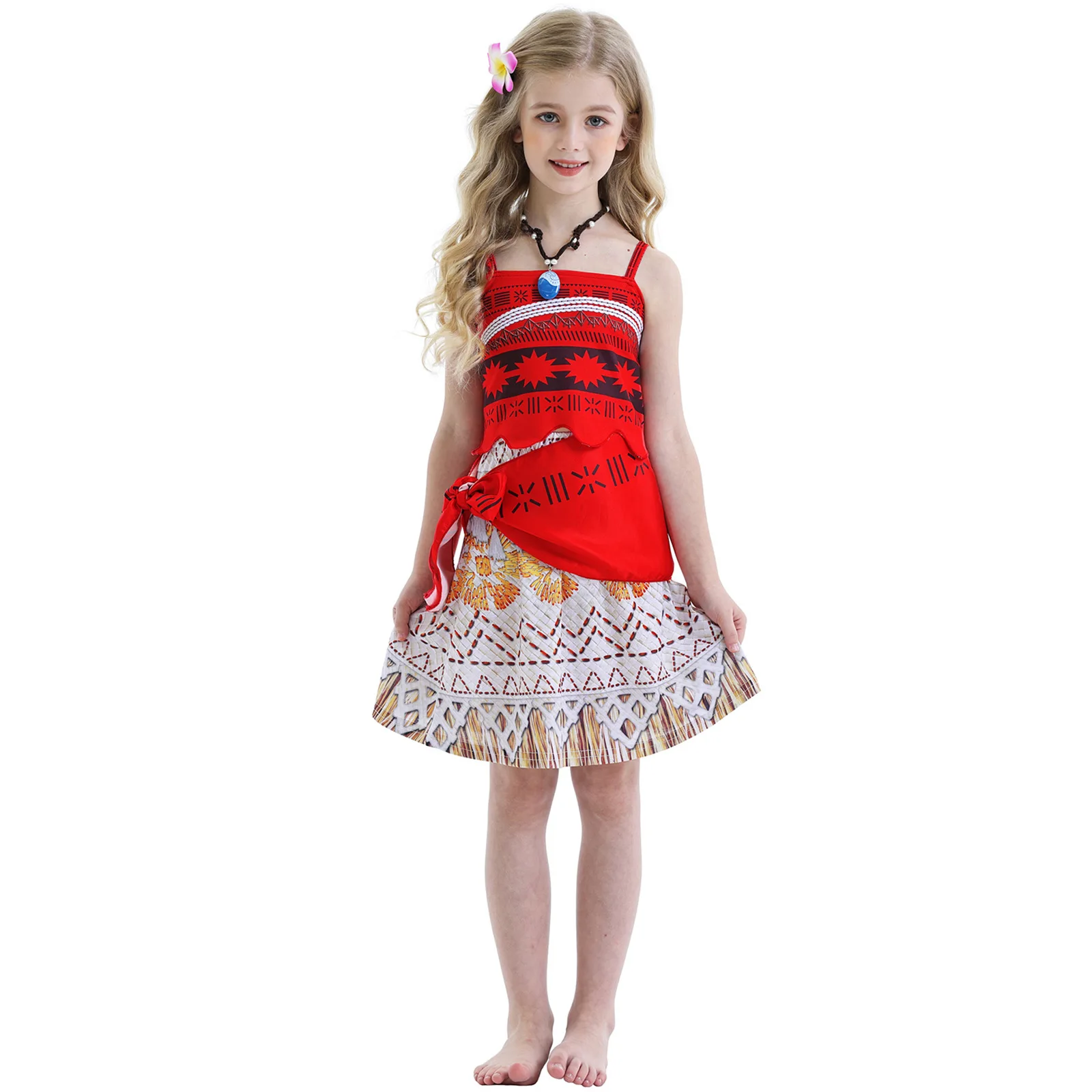 Girls Kids Moana Dresses Clothes Cosplay Vaiana Halloween Princess Dress Necklace Wig Children Carnival Party Summer Costume Set