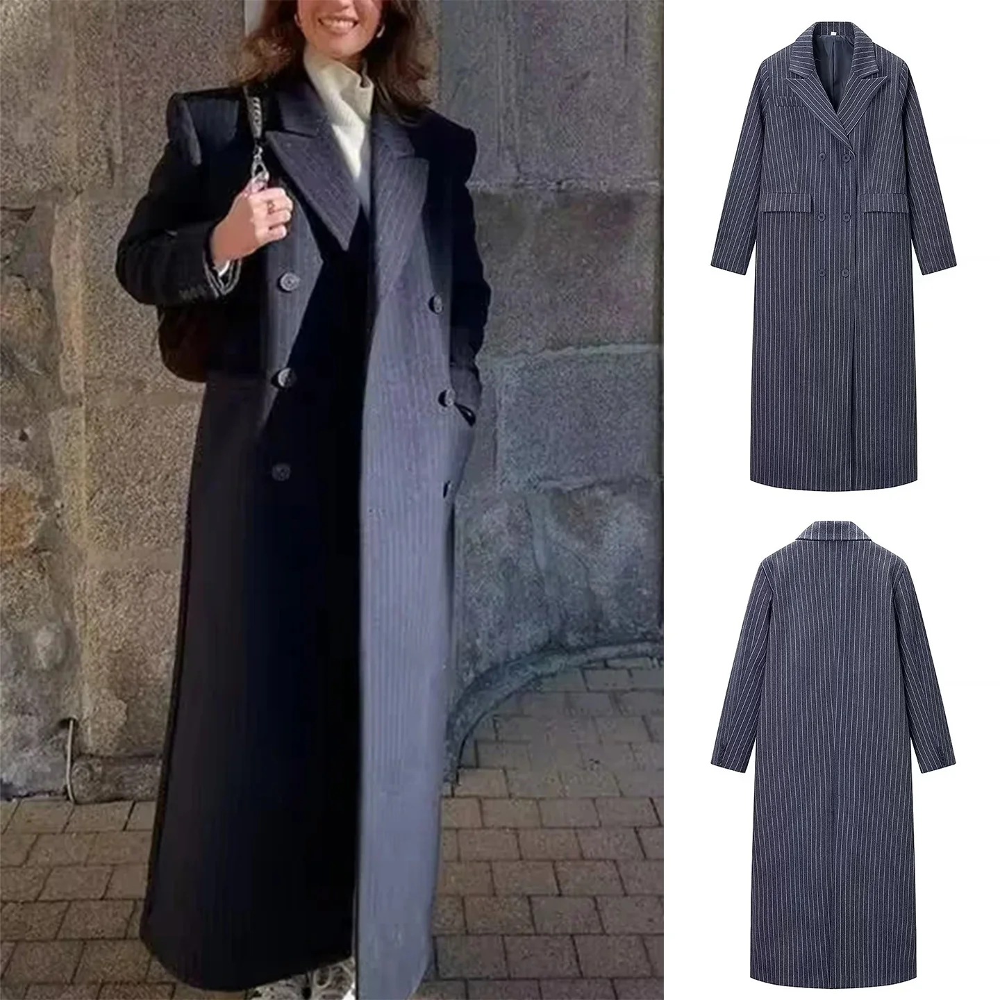 Zimowy Nowy Model Damski Luźny Płaszcz Wełniany w Paski z Kołnierzem i Długim Rękawem, Odzież Wierzchnia do Pracy, Poliester...