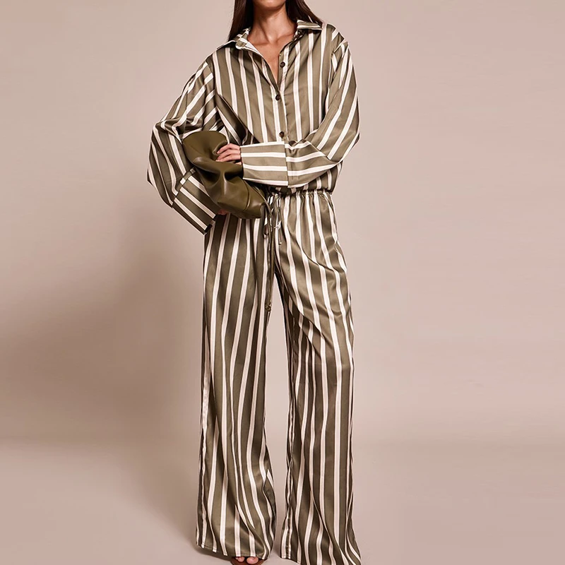 

Полосатый костюм-рубашка с длинными рукавами и принтом, осенний винтажный женский костюм с высокой талией, широкие брюки, повседневная свободная домашняя одежда, комплект из 2 предметов