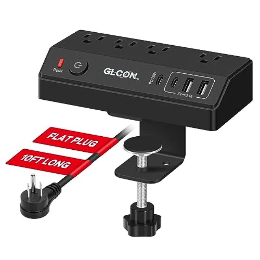 

Desk Clamp Power Strip - 20W USB C Fast Charging Station - Desk Power Strip Flat Plug Extension Cord 10Feet with 4 USB Ports +