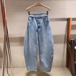 2024 autumn women's denim trousers loose washed distressed casual jeans