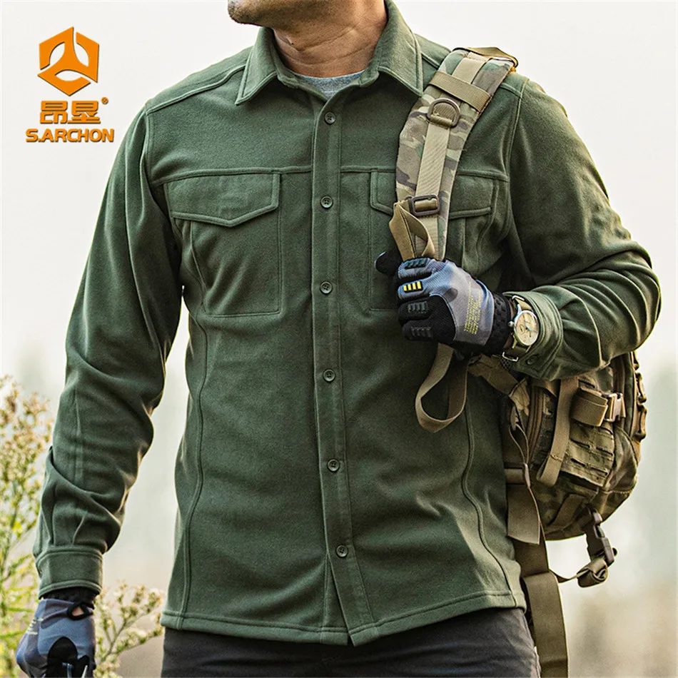 Tactical Fleece Shirt Autumn and Winter Male Outdoor Sports Camping Hiking Shirt Military Fans Commuting Stretch Warm Base Shirt