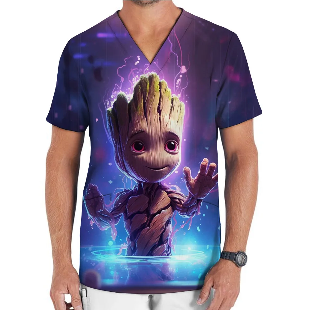 Dental Uniforms V-neck Clothes Marvel Groot print Scrubs Tops Dentist Medical Uniform Hospital Nurse Doctor Cotton Scrub Top