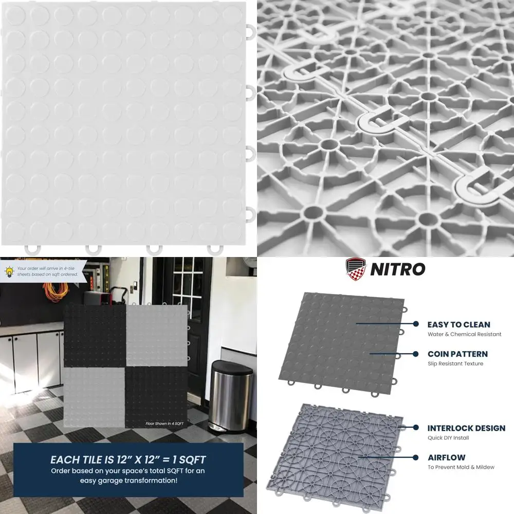 بلاط أرضية المرآب من FlooringInc's Nitro مقاس 12 × 12، حصيرة أرضية بلاستيكية متشابكة غير قابلة للانزلاق، نمط عملة معدنية، أبيض أركتيكي،