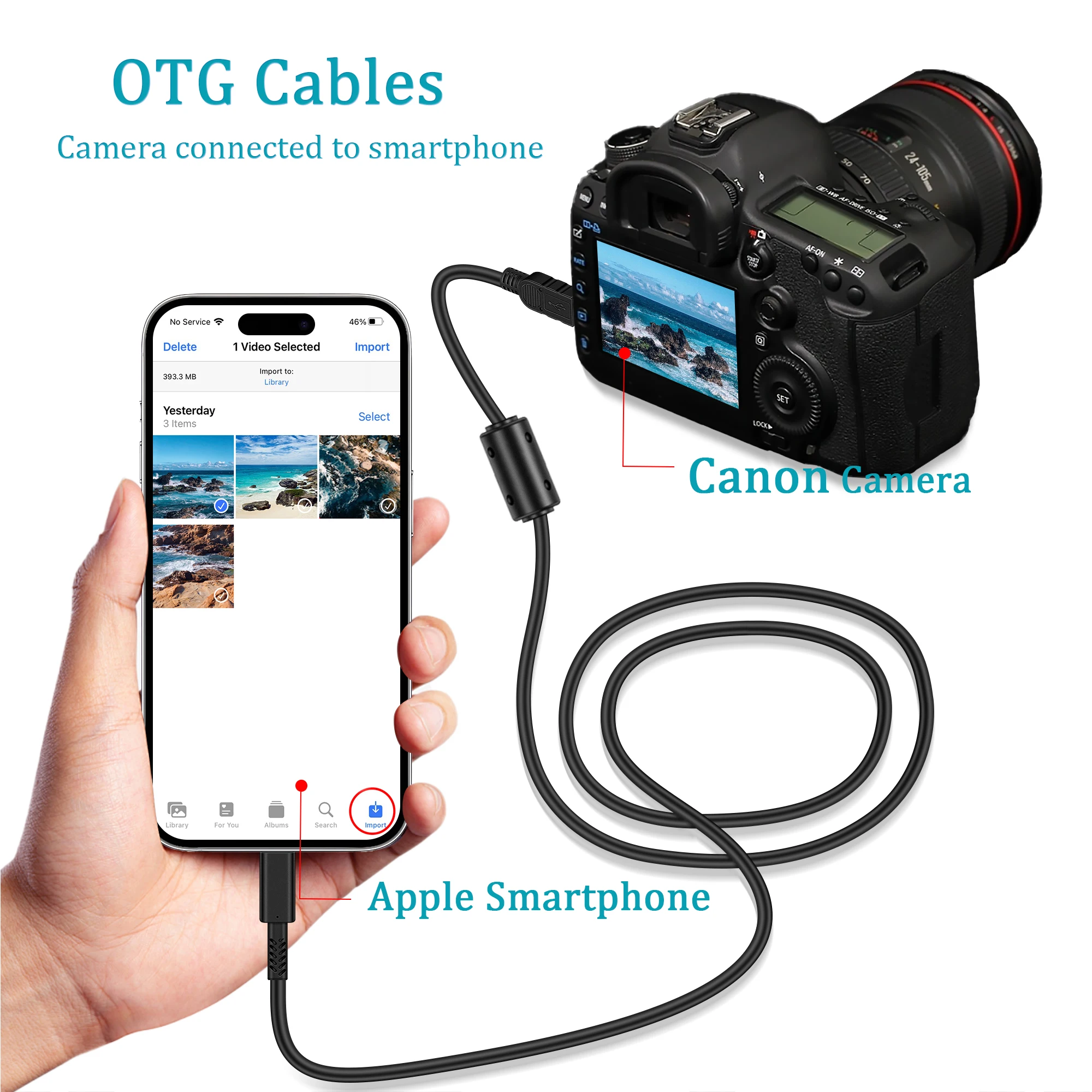 Canon Camera to Lightning Smartphone port cable,for iphone 11,12,13,13 Pro,SE,6S,5S,5C cable,for Canon D30 A720 S5 G11 N100 R62