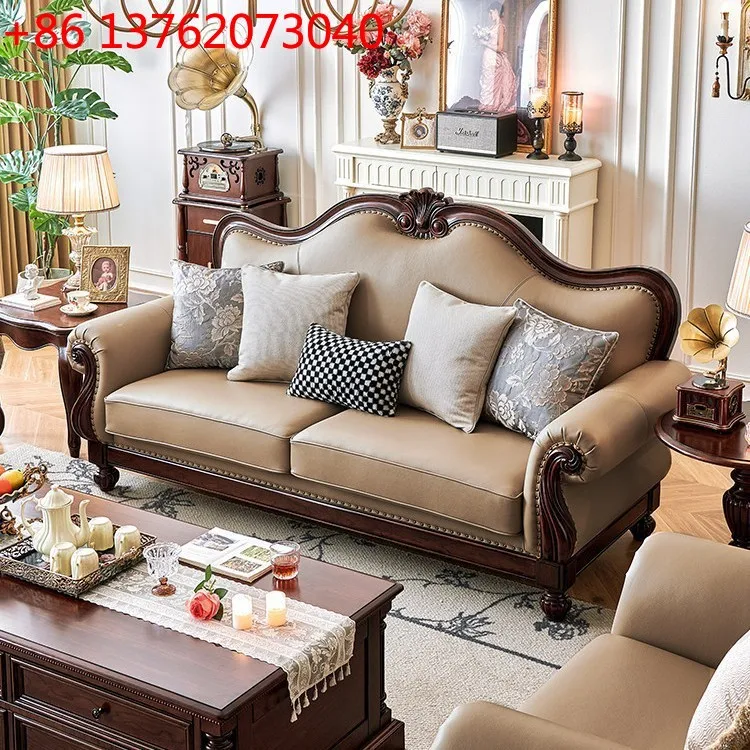 

American solid wood sofa cherry wood first layer cowhide leather retro large flat layer