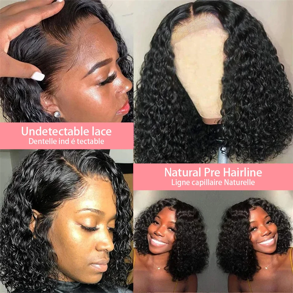 Perruque Bob Lace Closure Wig Remy Brésilienne Naturelle, Cheveux Courts Bouclés, 4x4, 13x4, Pre-Plucked, Deep Wave, Transparente, pour Femme