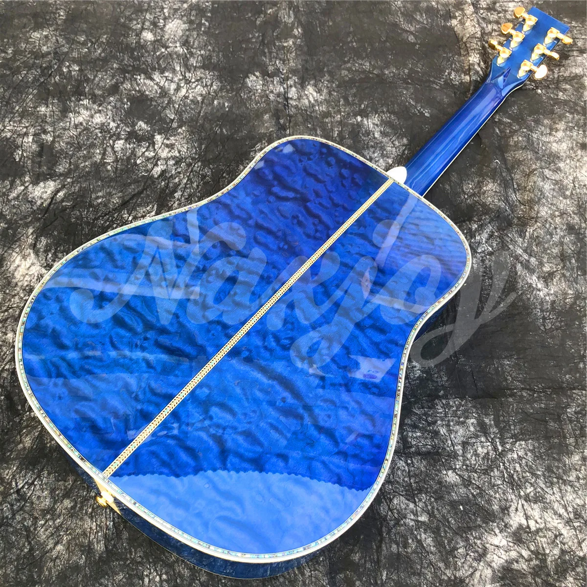 41 Inch New Blue Solid Spruce Acoustic Guitar with Flower Abalone Inlays And Ebony Fingerboard Burst Maple Body