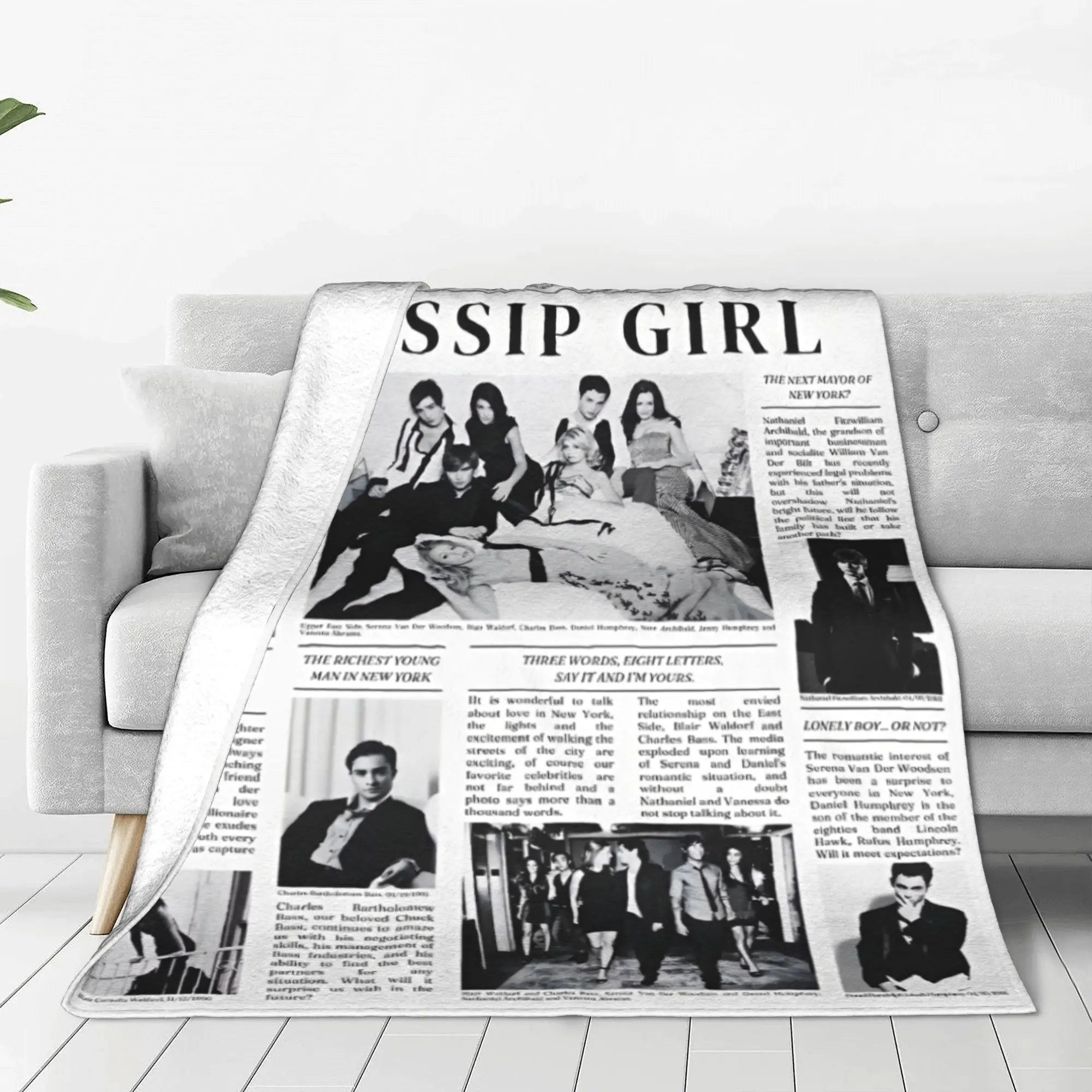 Gossip Girl TV Series Flannel Blanket New York Newspaper Funny Throw Blankets for Home 150*125cm Plush Thin Quilt Soft