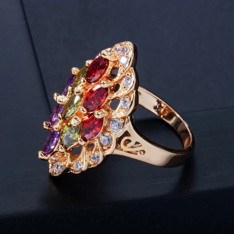 Pera Dubai Yellow Gold Color Jewelry Multi Purple Green Red Vintage CZ Engagement Wedding Party Finger Rings for Women R017