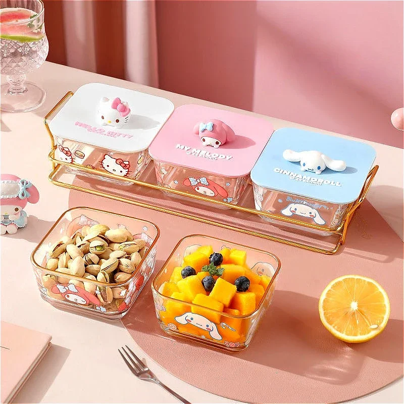 Sanrio Hello Kitty Glass Fruit Bowl Household Snack Storage Box Kawaii Anime Character Cinnamoroll Accessory Cover Dim Sum Plate