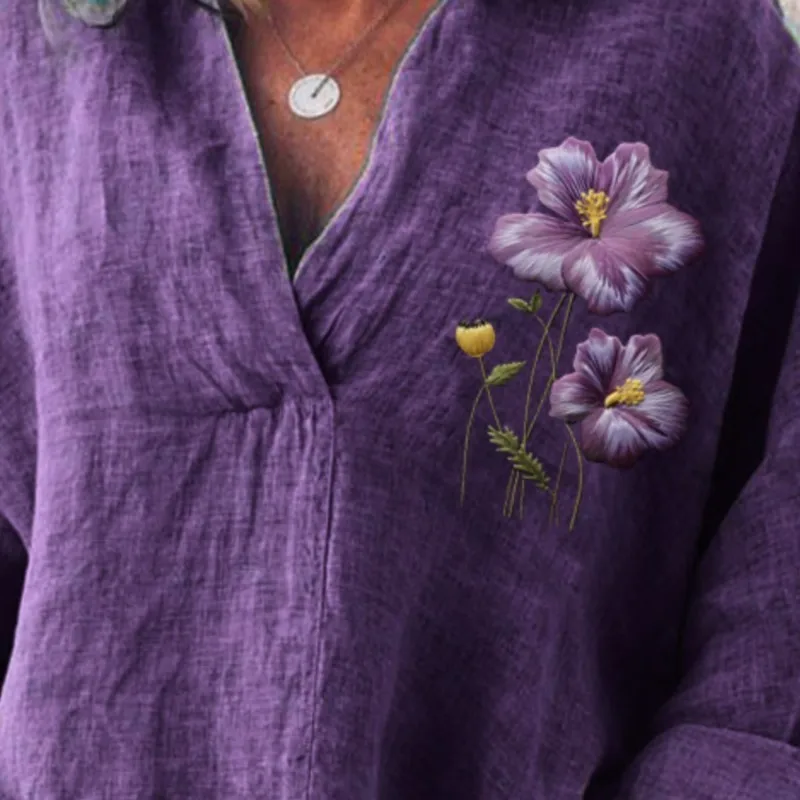 Dames casual los overhemd mode paars v-hals lange mouw trui shirts katoen linnen tops vakantie dameskleding zomer