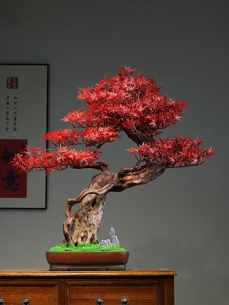 Chinese-style simulated red maple bonsai welcome pine ornament indoor entrance hotel solid wood green plant potted decoration